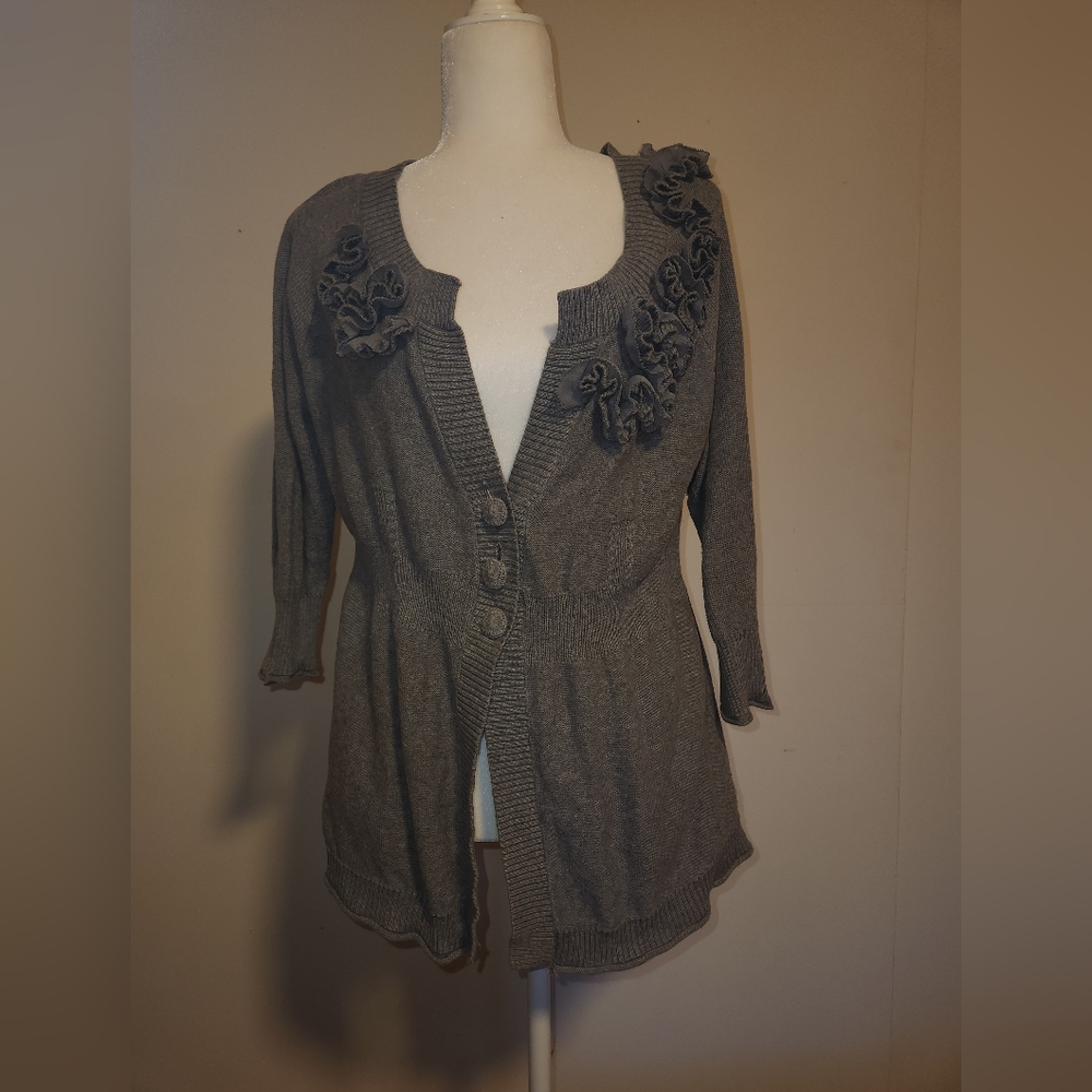 Y2k Romantic Cottagecore Grey Babydoll DKNY Cardigan Floral Embellish Large EUC